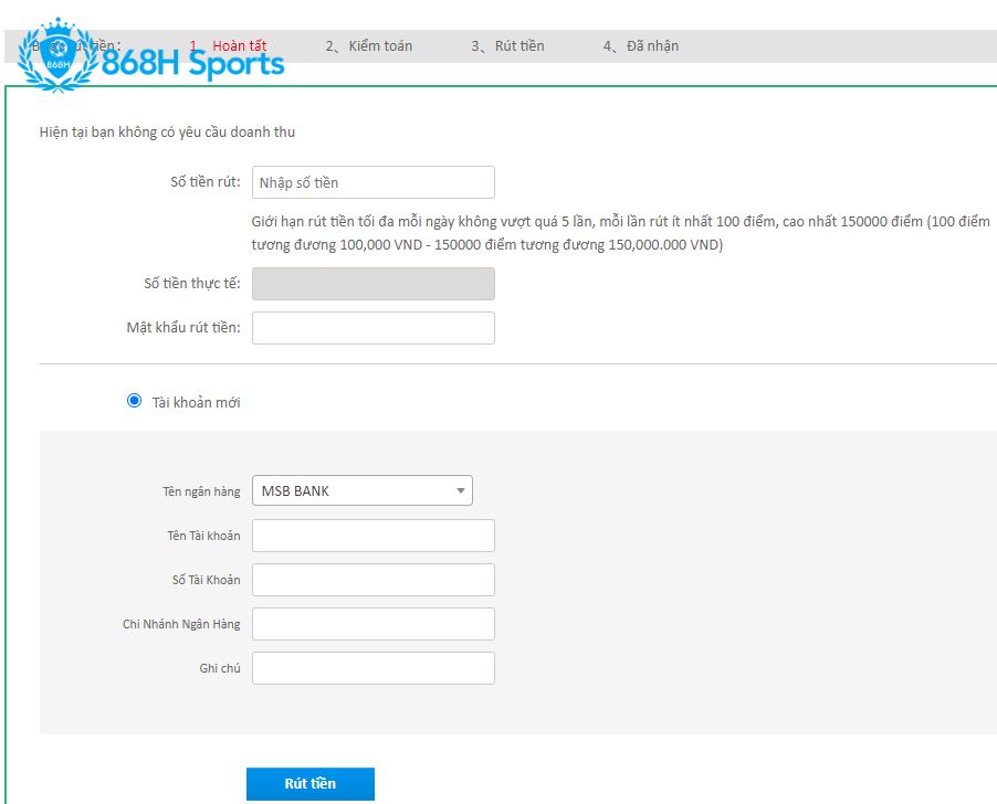 Thông tin cần điền khi rút tiền tại 868h